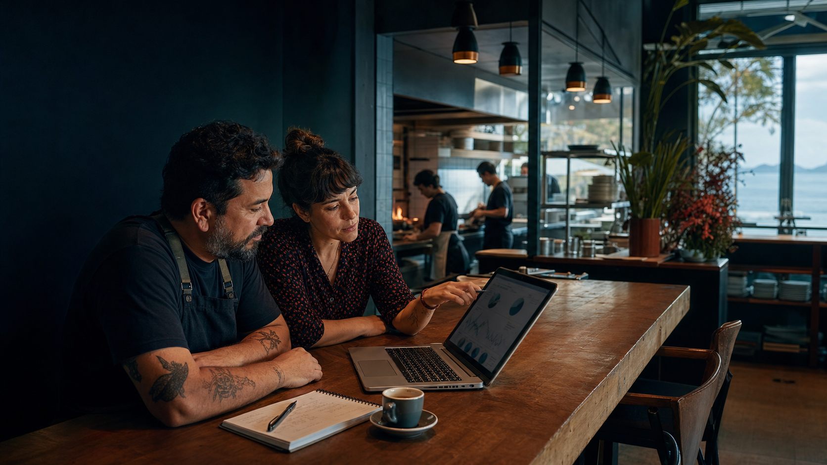 Empresário e estrategista analisam desempenho de marketing em um restaurante