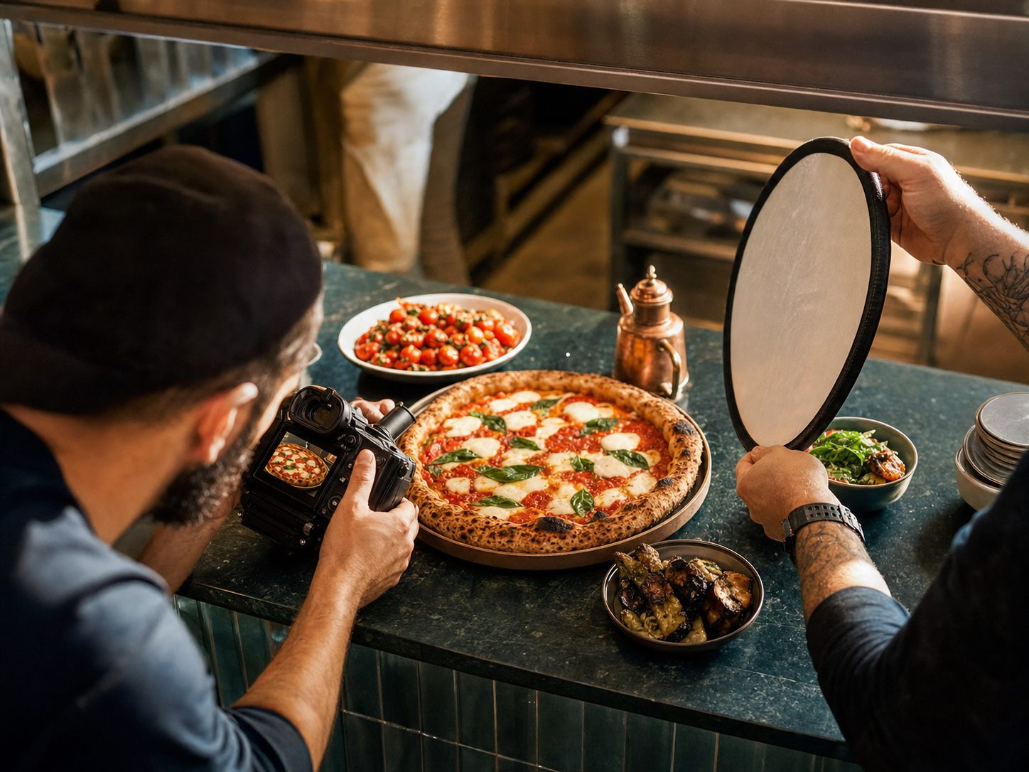 Equipe produzindo fotografia gastronômica para redes sociais